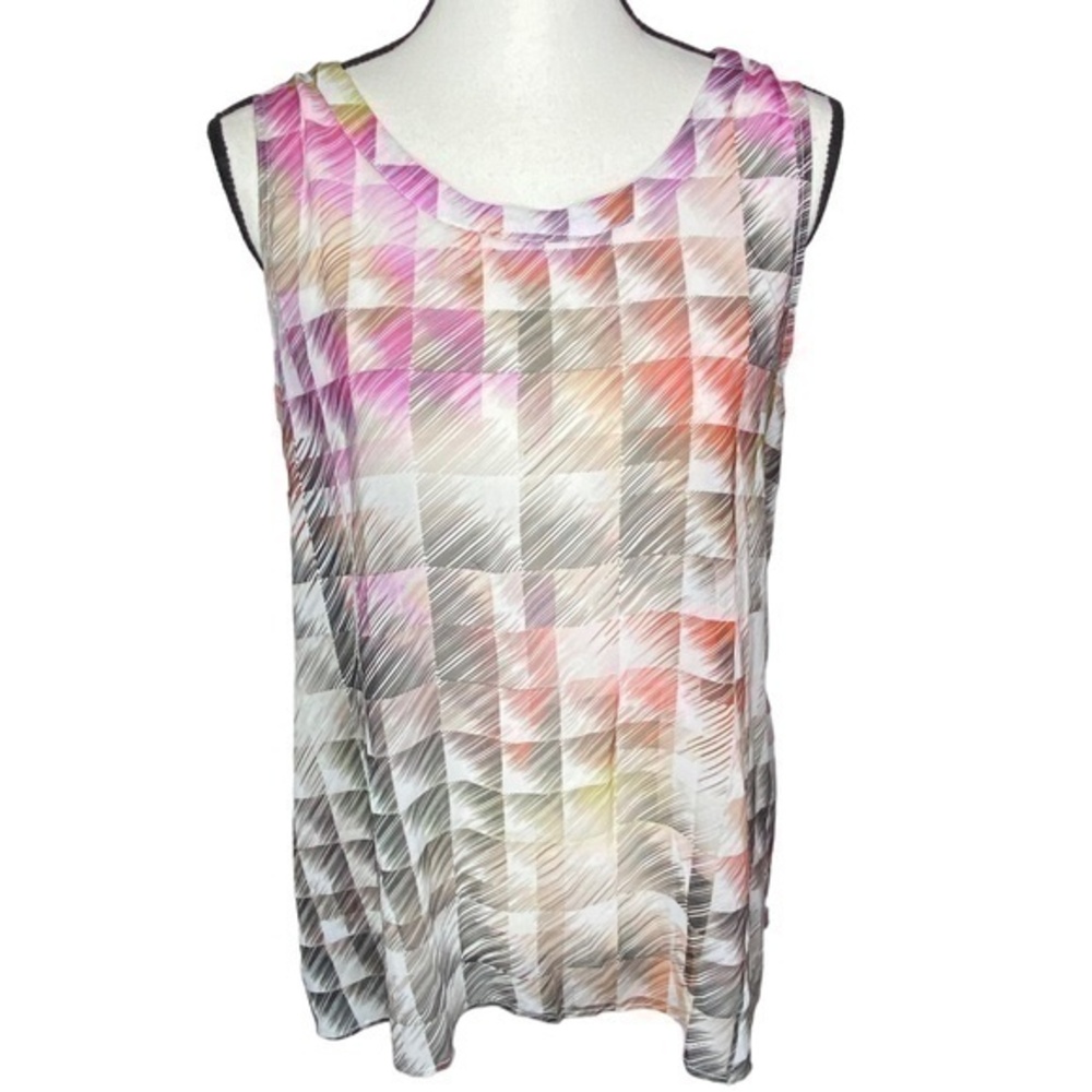 Lynn Ritchie Top Silver‎ Sheer Geometric Print Keyhole Back Tank Blouse Size M